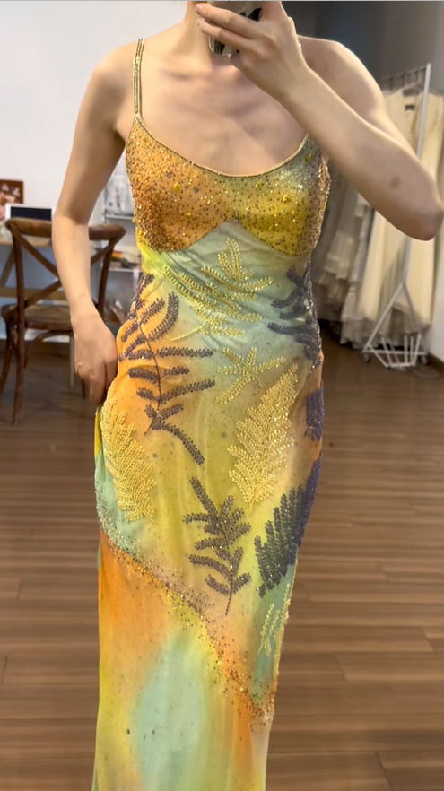 Vintage Strapless Oil Painting Beaded Chiffon Long Prom Dress P3790