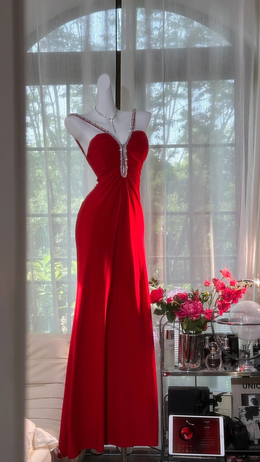 Sexy Red Halter Neck Beaded Backless Chiffon Prom Dress P3798