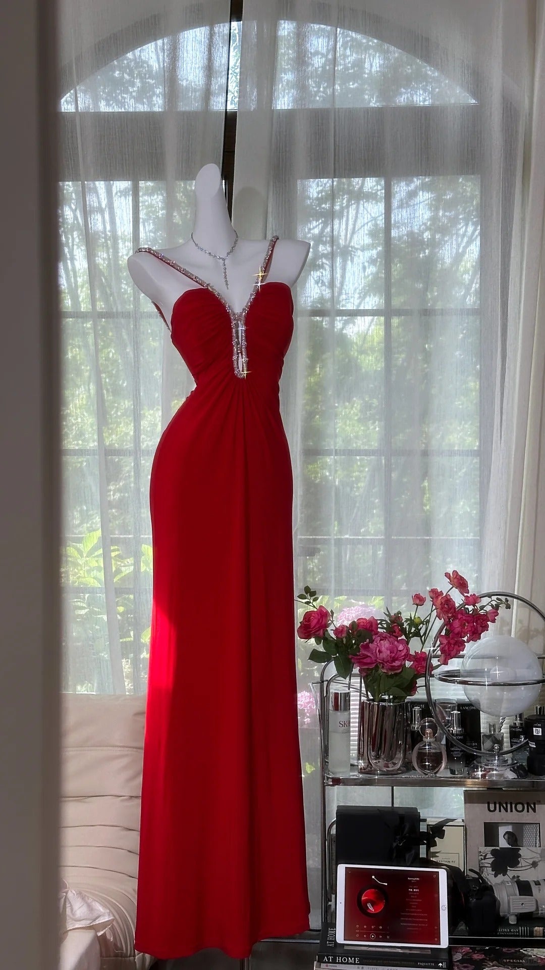 Sexy Red Halter Neck Beaded Backless Chiffon Prom Dress P3798