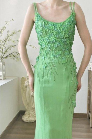 Stunning Green Strappy Flower Beaded Mermaid Chiffon Prom Dress P3805