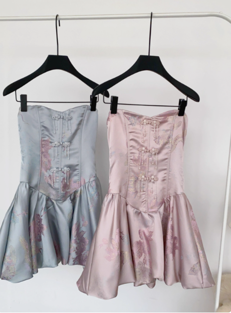 Sweet French Beaded Button Sleeveless Tube Top Jacquard Birthday Short Skirt Homecoming Dress P3831