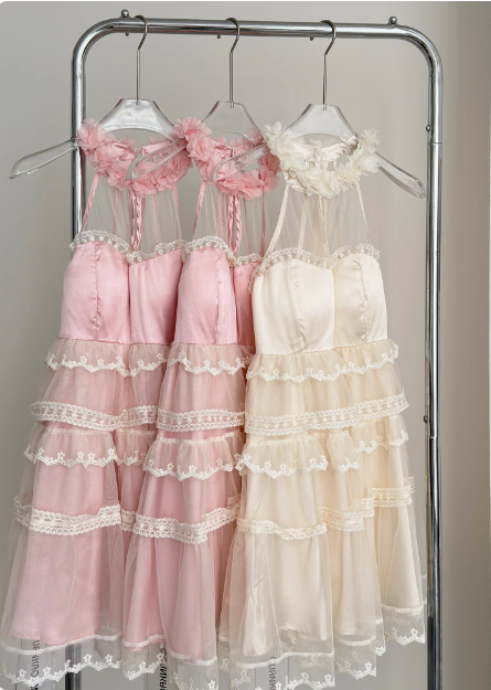 Sweet Three-dimensional Flower Halter Neck Strap Sleeveless Lace Splicing Mesh Cake Birthday Skirt Homecoming Dress P3835