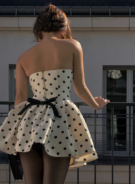 French Backless Bow Polka Dot Tube Top A-line Birthday Skirt Homecoming Dress P3850