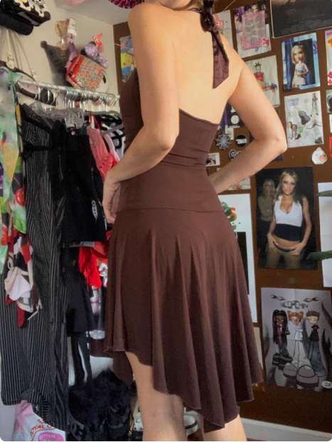 Irregular Halter Neck V-neck Brown Waisted Birthday Short Skirt Homecoming Dress P3853