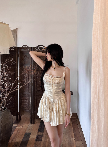 French Retro Lace Suspenders Dark Satin A-line 21st Birthday Homecoming Dress P3900