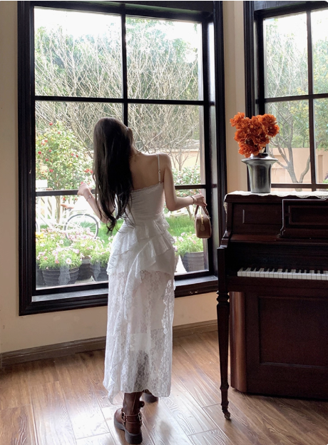 Irregular White Lace Suspenders Slim Fit 19th Birthday Homecoming Dress P3912