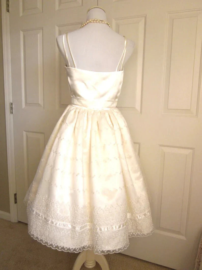 Cute Ivory Strappy Satin Lace Trim A-line Birthday Dress Homecoming Dress P3920