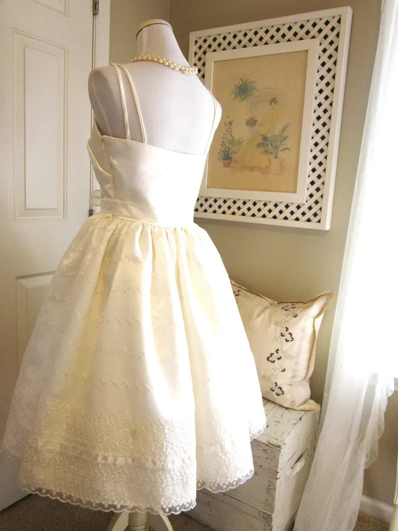 Cute Ivory Strappy Satin Lace Trim A-line Birthday Dress Homecoming Dress P3920