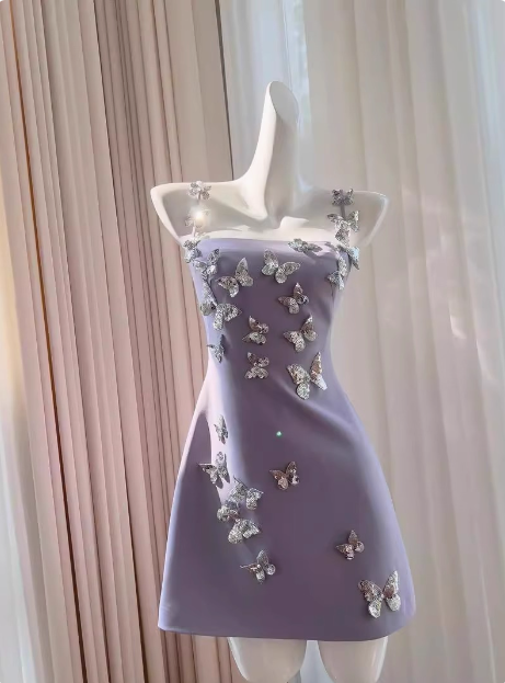 Charming Purple Butterfly Strap Satin 17th Birthday Homecoming Dress P3957