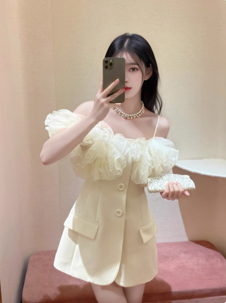 Designer Suit Ruffled Satin Suspenders Birthday Skirt Homecoming Dress P3959