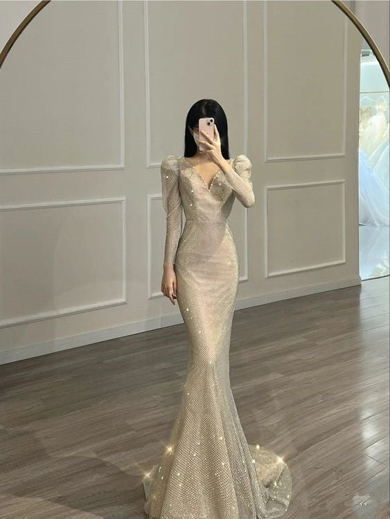 Unique Mermaid V neckline Sequin Champagne Long Prom Dress With Sleeves P585