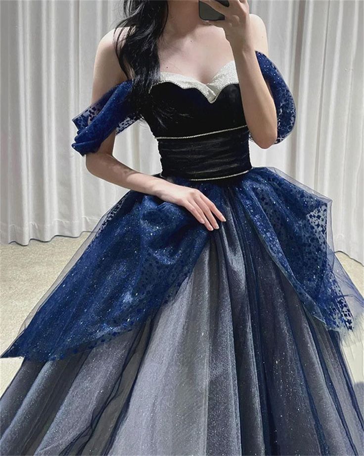 Gothic Glitter Blue Princess Tulle Prom Dress Blue Long Evening Dress P612