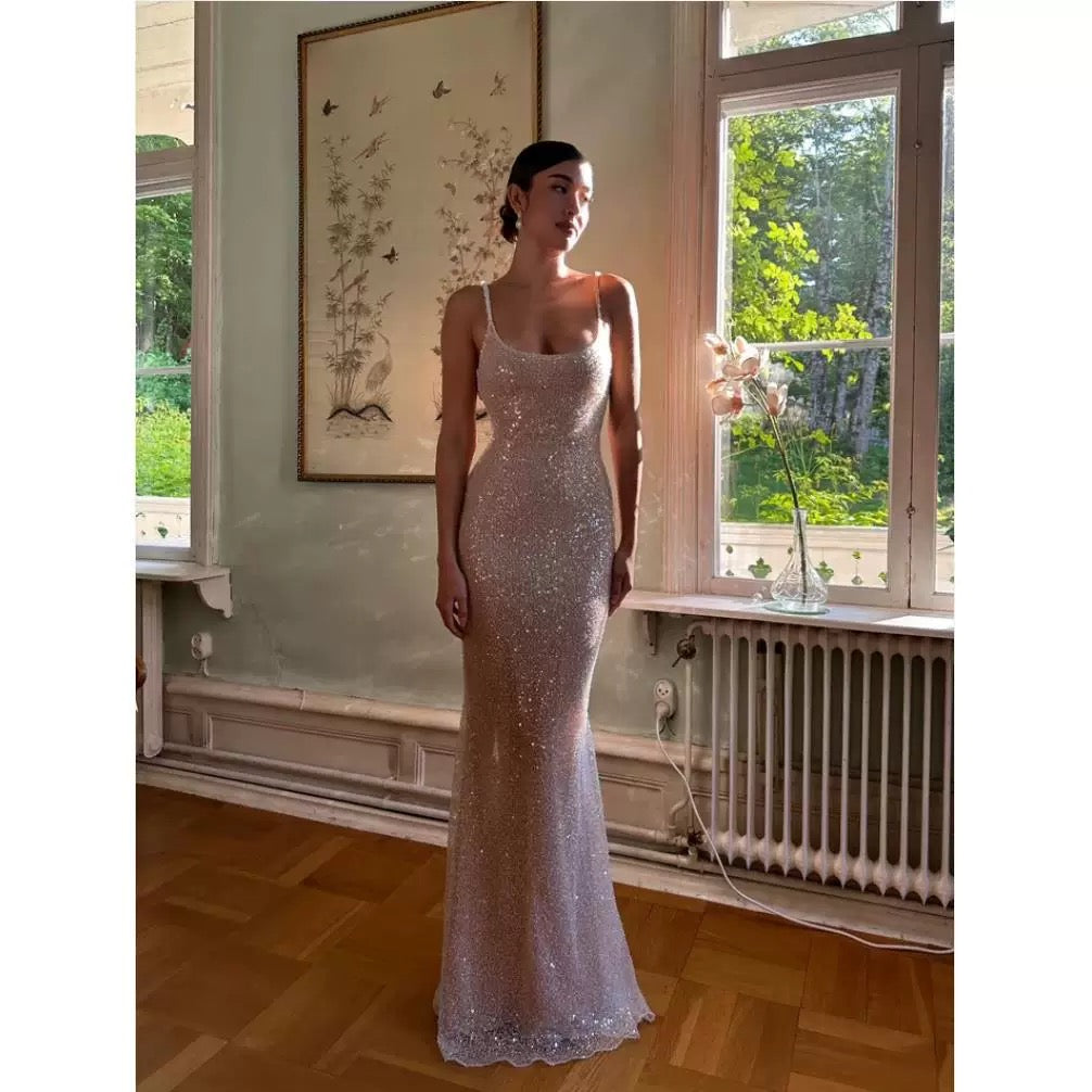 Simple Mermaid Straps Sequin Prom Dresses Maxi Dress 22th Birthday Outfits P652