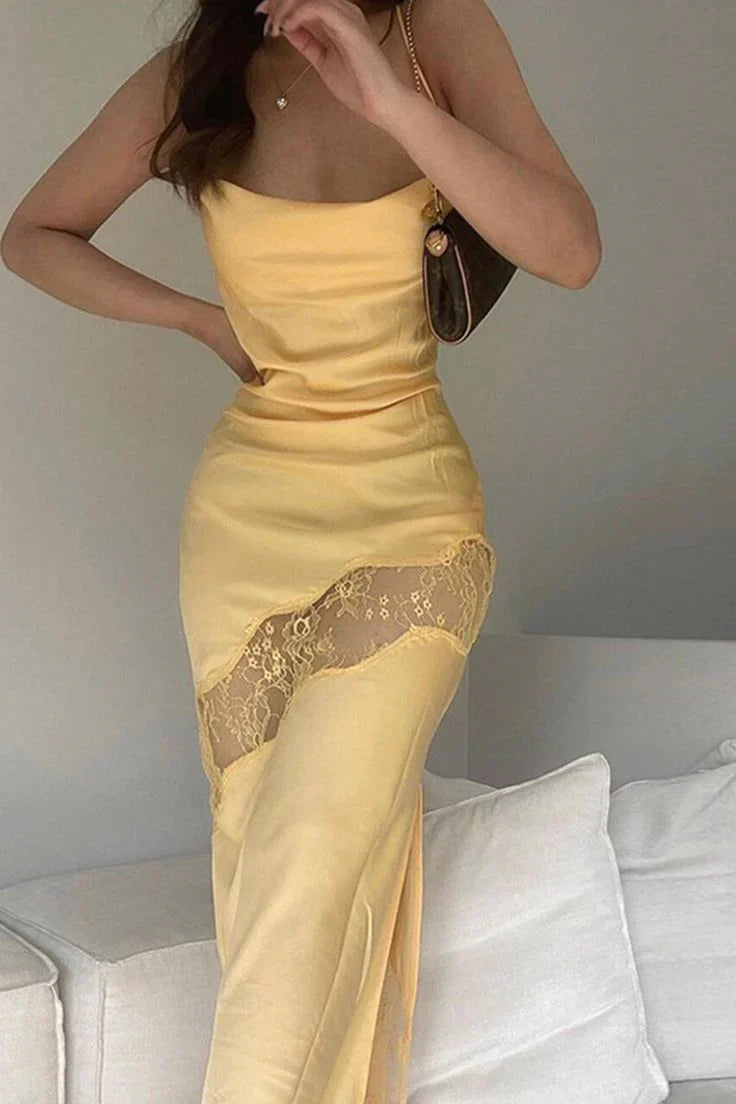 Yellow new lace spaghetti straps sexy backless mid-length elegant satin prom dress evening dress party dress gh1977
