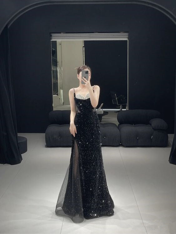 Mermaid Long Prom Dress New Sequin Sexy Black Slit Evening Dress P917