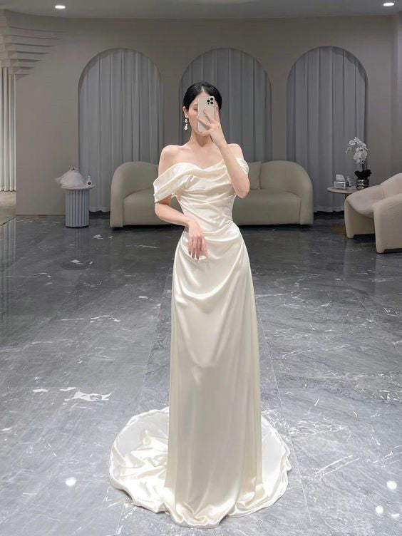 Mermaid Off The Shoulder Satin Elegant Long Wedding Dress P924