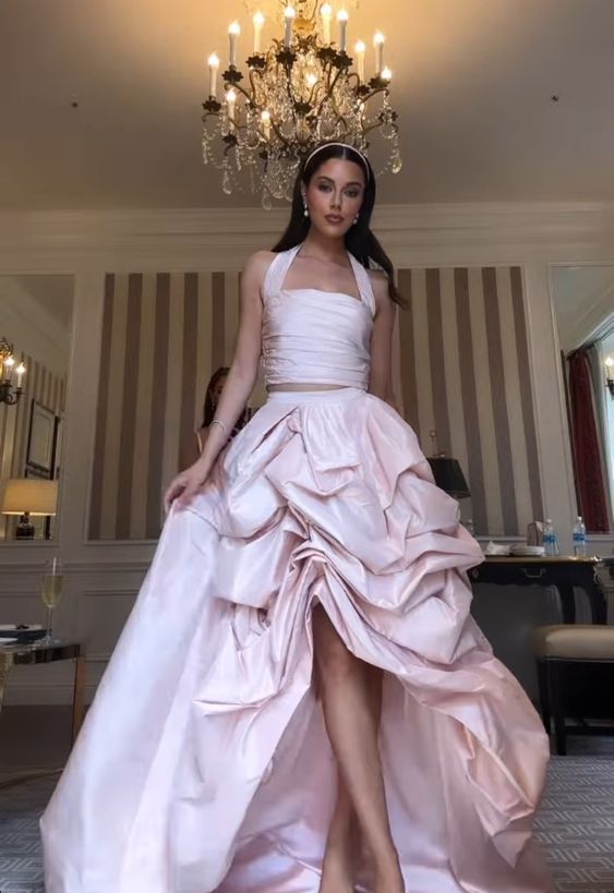 Glamorous 2 Pieces Light pink Satin long prom dress P958