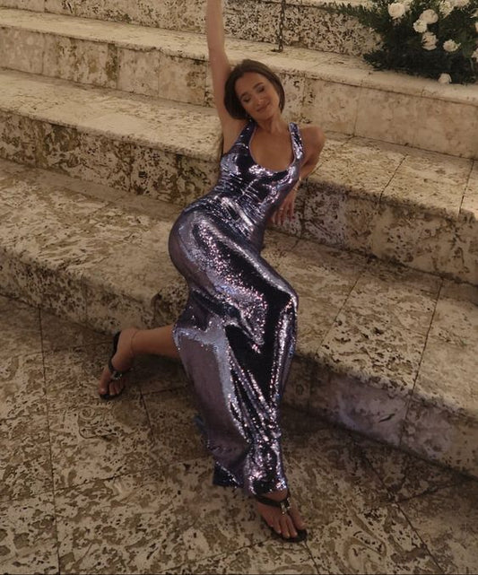 Sexy Mermaid Straps Sequin Sleeveless Grape Prom Dress P968