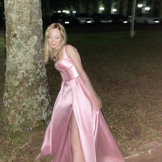 Simple A line Straps Pink Satin Long Prom Dress P973
