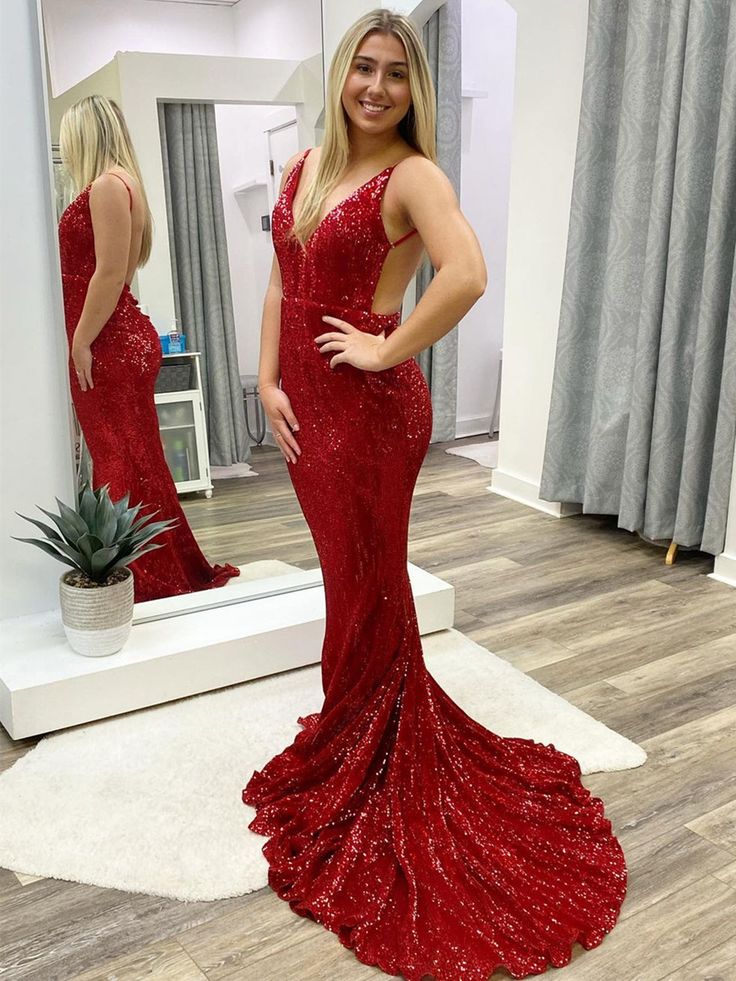 Sexy Red Mermaid Sequin Backless Long Party Prom Dresses P989