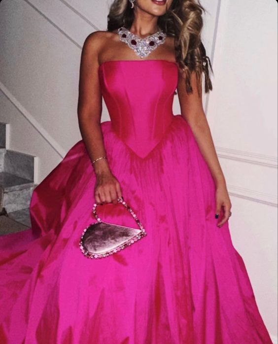 Modest A line Strapless Hot Pink Long Satin Prom Dresses P995