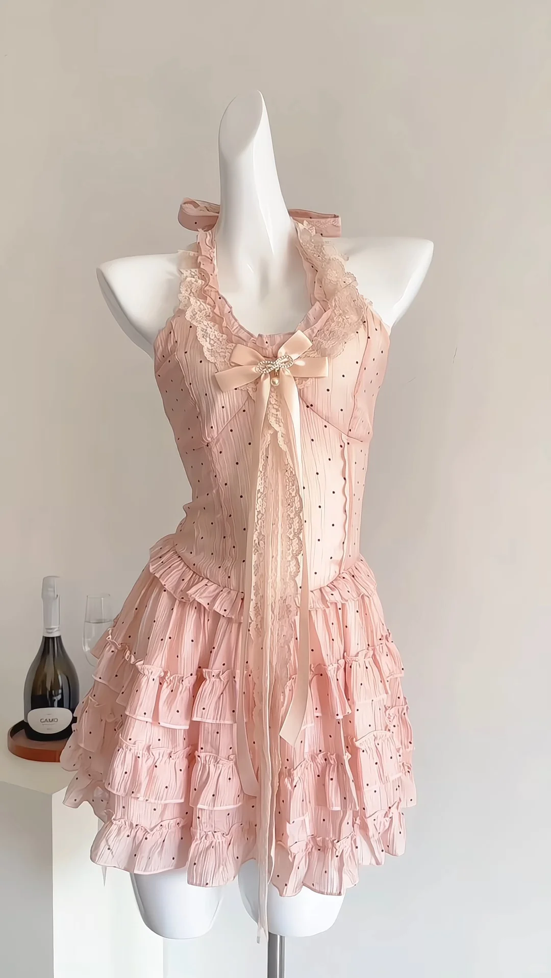 Elegant Pink Halter Ruffles A Line Holiday Dress Short Vacation Dress S699