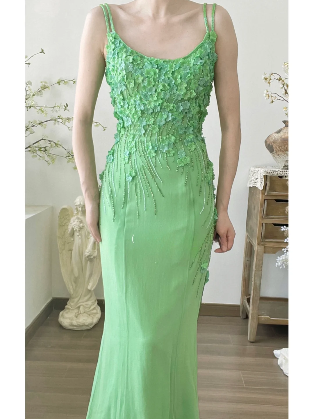 Exquisite Green Sheath Spaghetti Strap 3D Floral Beaded Chiffon Long Prom Dress Formal Dress SH3868