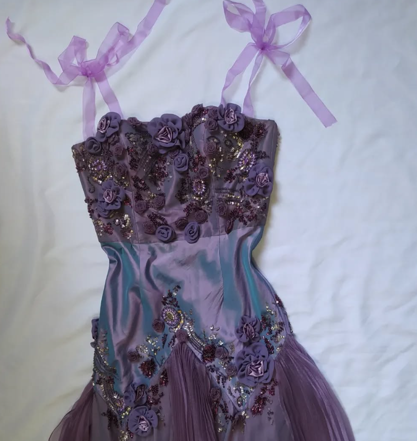 Vintage Purple A Line Strapless Flower Beaded Sequin Satin Tulle Prom Dress Gown SH2528