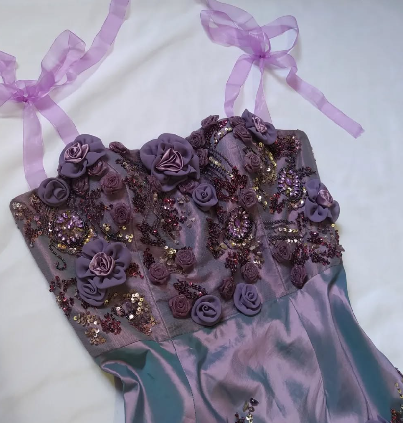 Vintage Purple A Line Strapless Flower Beaded Sequin Satin Tulle Prom Dress Gown SH2528