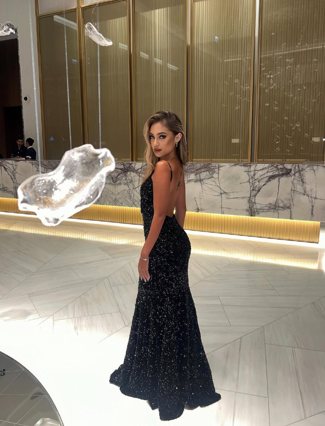 Unique Mermaid Spaghetti Strap Black Sequin Open Back Long Sweep Prom Dress SH2331