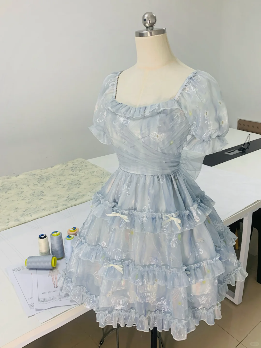 Cute Blue Square Neck Chiffon Print Floral Ruffles A Line Homeocming Dress Princess Bithday Outfits S903
