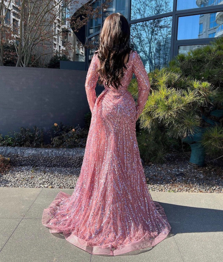 Long sleeved sequins a line prom dress shiny pink evening gown with slit gh2751
