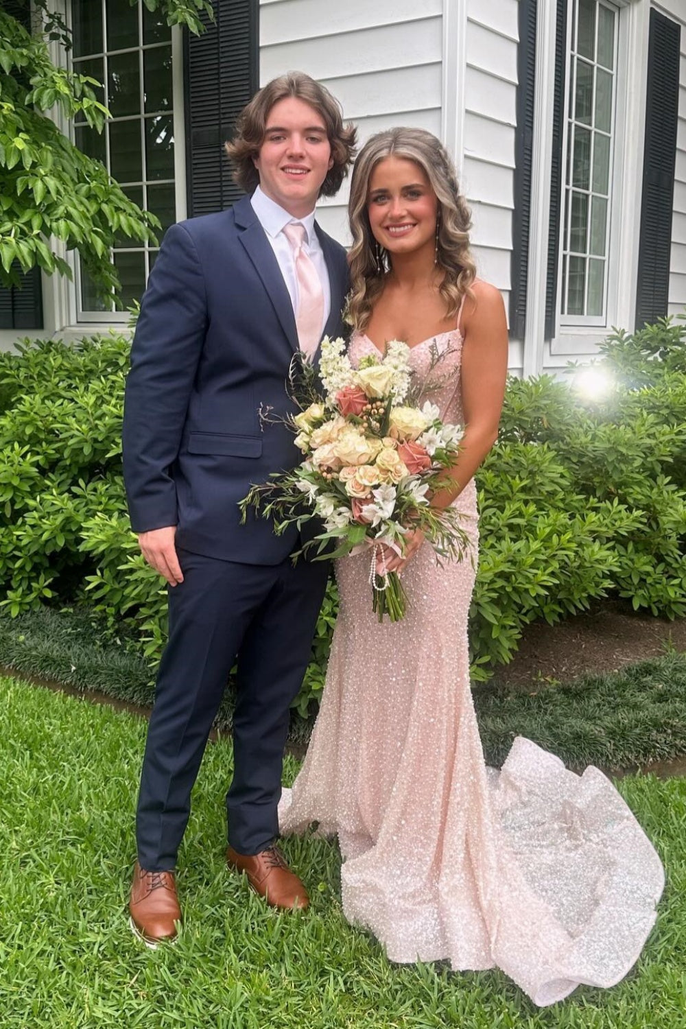 Plunge Neck Blush Pink Sequin Mermaid Long Formal Dress