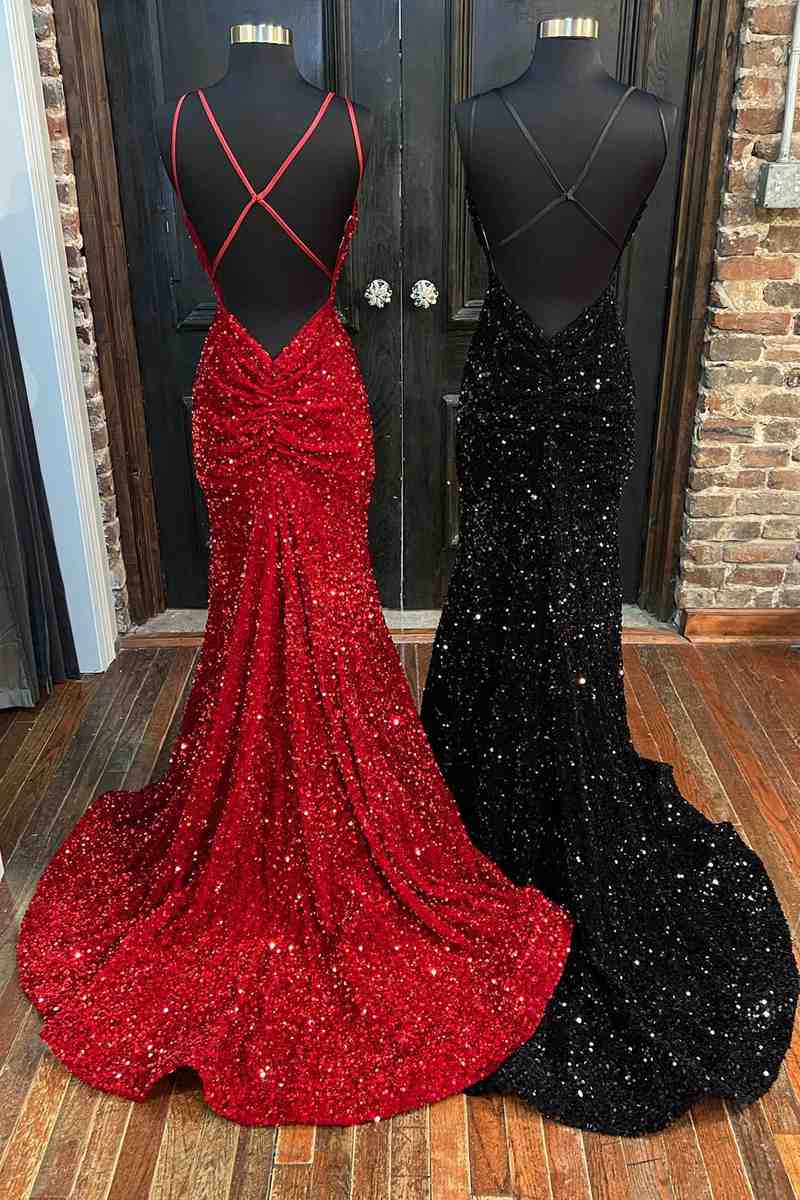 Popular Mermaid Sequin V-neck Senior Prom Dress Cross Back Evening Party Dress