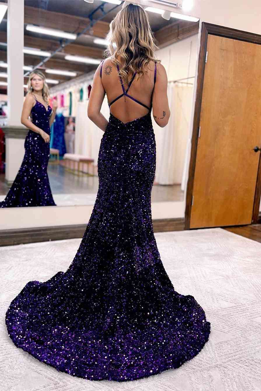 Popular Mermaid Sequin V-neck Senior Prom Dress Cross Back Evening Party Dress