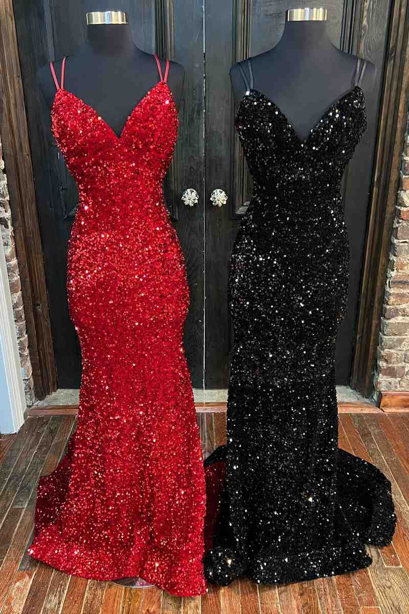 Popular Mermaid Sequin V-neck Senior Prom Dress Cross Back Evening Party Dress