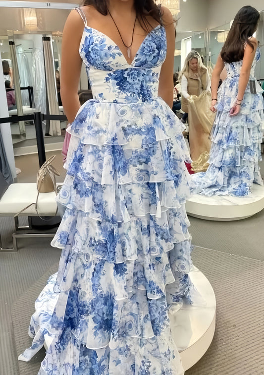 Prom Mirror Floral Printing Tiered Prom Dress, Ruffles Evening Formal Gown