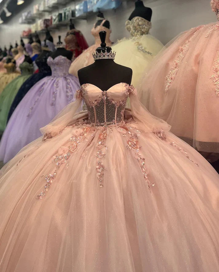 Pink Tulle Applique Beaded Long Sleeve Quinceaine Dress Prom Dress Graduation Dress Evening Dress Sweet 16 Years Old Dress gh3122
