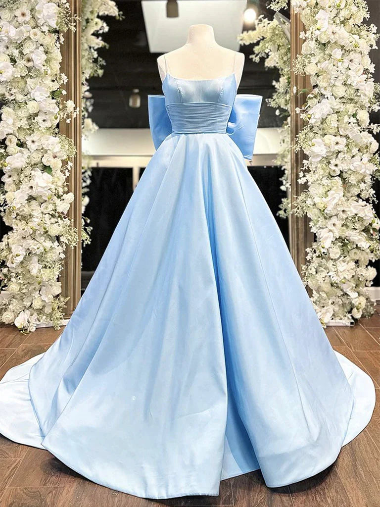 Blue A-Line Spaghetti Strap Bow Satin Long Prom Dress Graduation Dress SH1695