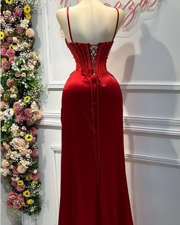 Red gorgeous exquisite fashion shiny spaghetti straps slit mermaid slim long satin ball gown evening dress party dress gh3230