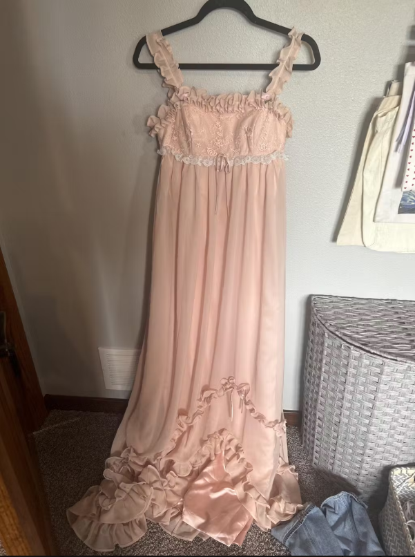 Pink Sweet Elegant Cute Lace Strap Ruffle A-Line Long chiffon prom dress Evening Dress gh2937