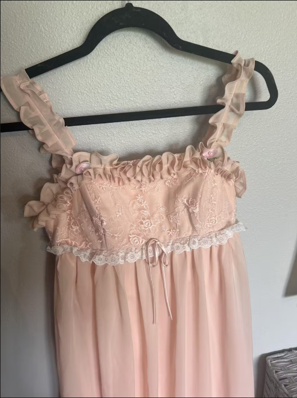 Pink Sweet Elegant Cute Lace Strap Ruffle A-Line Long chiffon prom dress Evening Dress gh2937