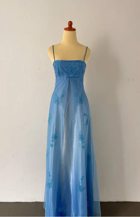 Blue Fashion Elegant Exquisite Embroidery Beading Spaghetti Strap Long Tulle prom dress Evening Gown Party Dress gh3575