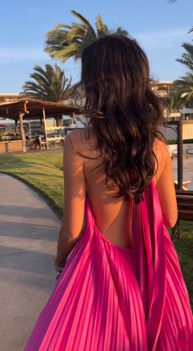 Pink/green V-neck Elegant Long Satin Evening Dress Party Dress Wedding Guest Dress gh3056