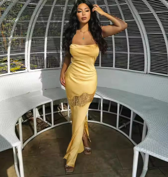 Yellow new lace spaghetti straps sexy backless mid-length elegant satin prom dress evening dress party dress gh1977