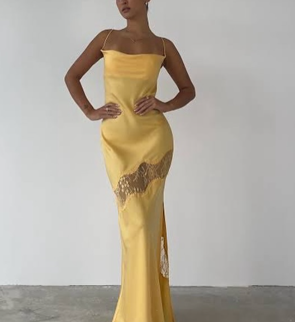 Yellow new lace spaghetti straps sexy backless mid-length elegant satin prom dress evening dress party dress gh1977
