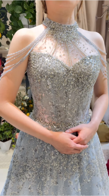 Light blue elegant gorgeous exquisite beaded long Tulle shining ball gown evening dress wedding dress gh4353