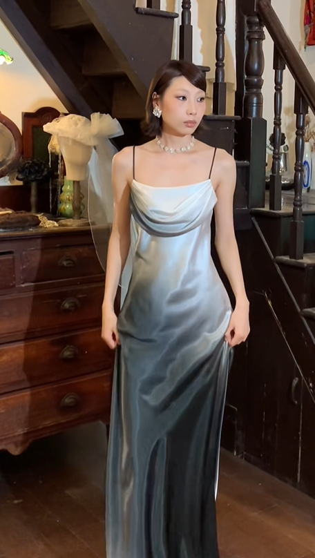 Black and white fashion gradient simple cut design long satin elegant ball gown evening dress wedding guest party dress gh4730