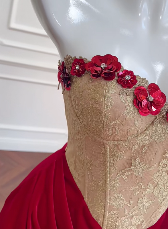 preppydressess -Red vintage velvet floral short homecoming dress birthday party dress Prom dress gh5102