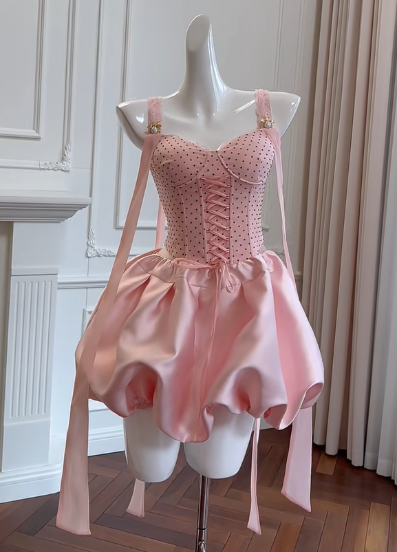 preppydressess -Cherry Blossom Pink Bud Short Satin Lace Homecoming Dress Birthday Party Dress Prom Dress gh5104